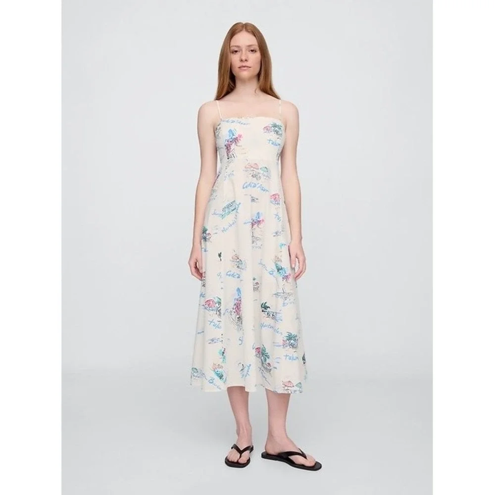 New Gap Dress Medium Fit & Flare Midi Vacationland White Spaghetti Strap Cotton